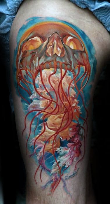 Unusual Mens Thigh Skull Jelly Fish Tattoo Designs