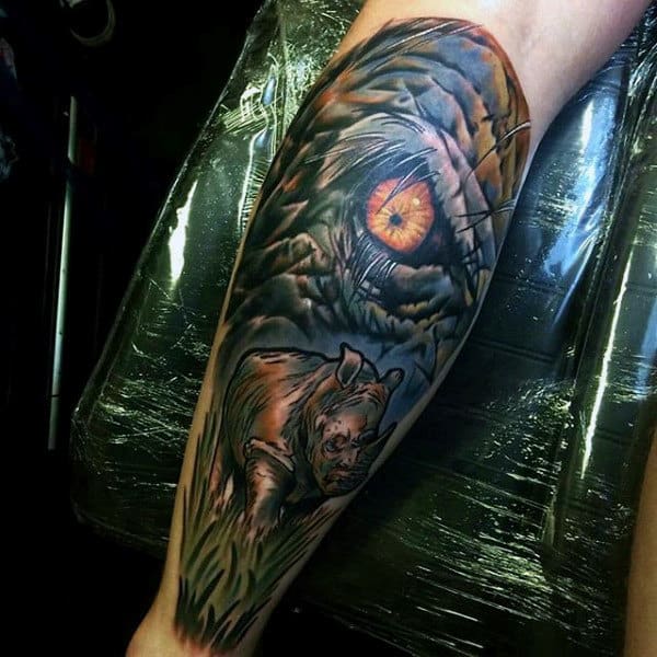 Up Close Rhino Eye Mens Leg Tattoo Designs