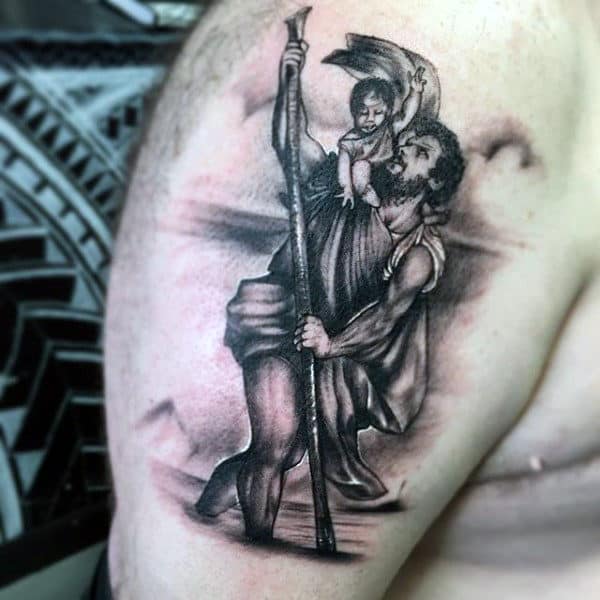 Upepr Arm Tattoo Of Saint Christopher On Guy