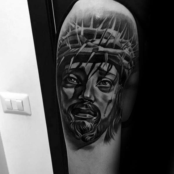 Upper Arm 3d Jesus Tattoo Ideas On Guys