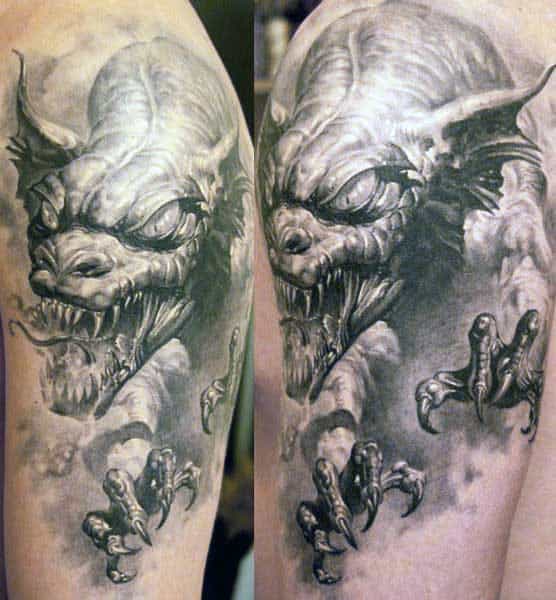 Upper Arm 3d Realistic Dragon Shaded Male Tattoo Inspiration
