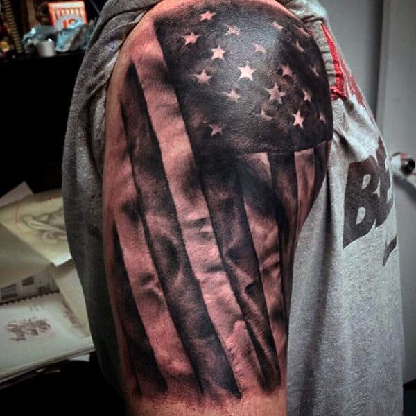 Upper Arm American Flag Tattoo Design On Men