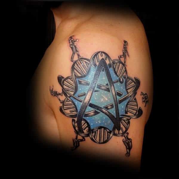 Upper Arm Atom Dna Strand Helix Tattoo For Men
