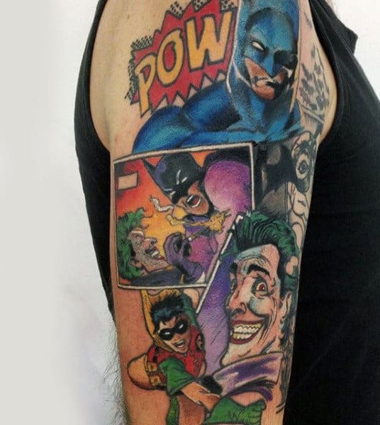 Upper Arm Batman And Robin Comic Strip Tattoo Design