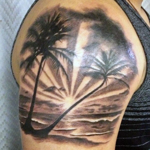 Upper Arm Beach Palm Tree Tattoos For Men