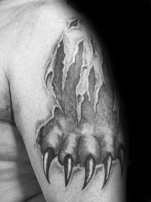 Upper Arm Bear Claw Torn Skin Male Tattoos