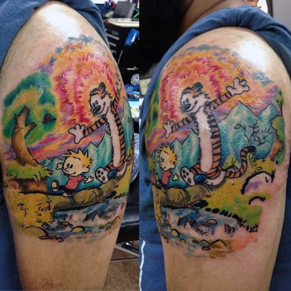 Upper Arm Calvin And Hobbes Nature Tattoo For Men