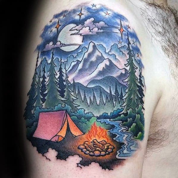 Upper Arm Campfire Tent Mens Tattoo Designs