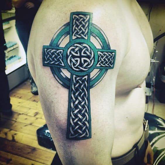 Upper Arm Celtic Cross Black With Green Ink Design Male Tattoos