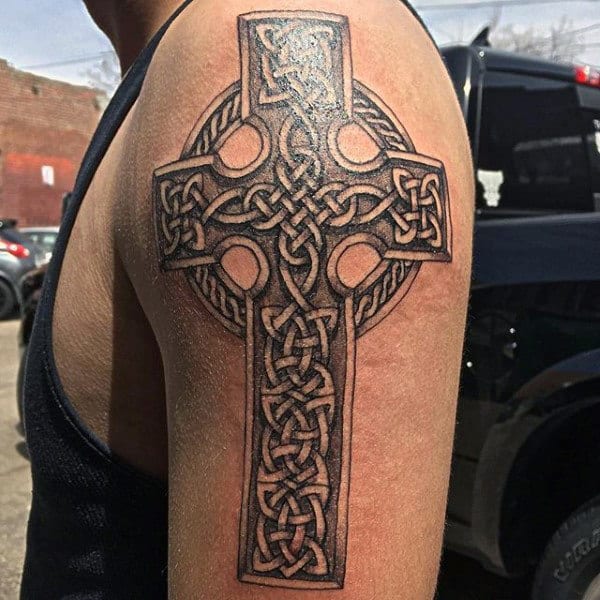 Upper Arm Celtic Knot Cross Tattoos For Men