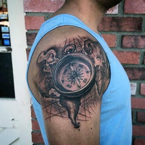 Upper Arm Compass And Map Travel Inspired Tattoos For Gentlemen