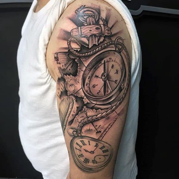 Upper Arm Compass Nautical Mens Tattoo Ideas