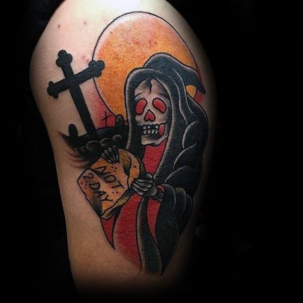 Upper Arm Cross Traditional Reaper Tattoos For Gentlemen