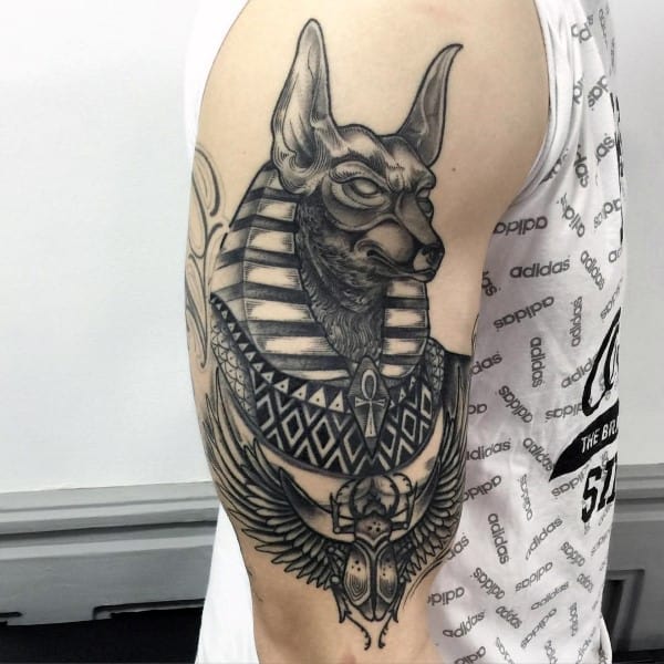 Upper Arm Egyptian Themed Anubis Male Tattoo Designs