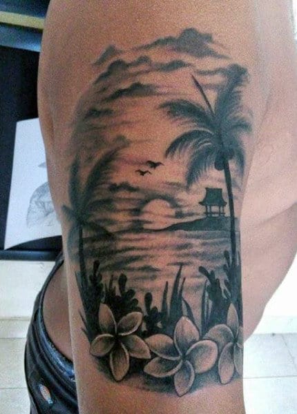 Upper Arm Floral Beach Tattoo For Men In Black Ink
