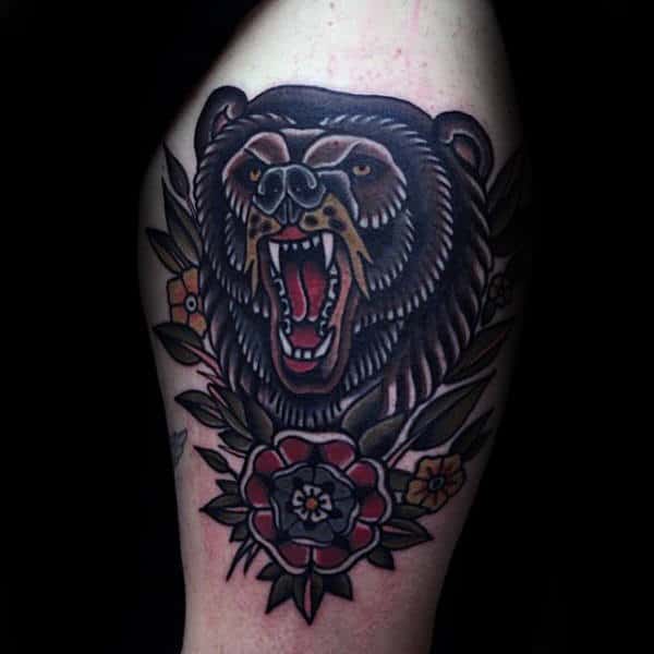 Upper Arm Floral Male Traditional Bear Tattoo