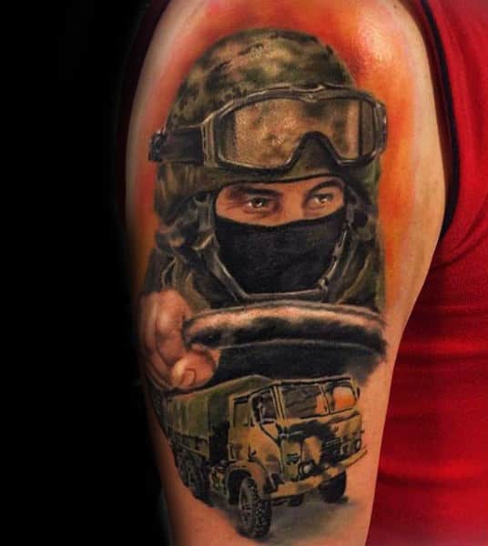 Upper Arm Green Army Mens Solider Tattoo Design