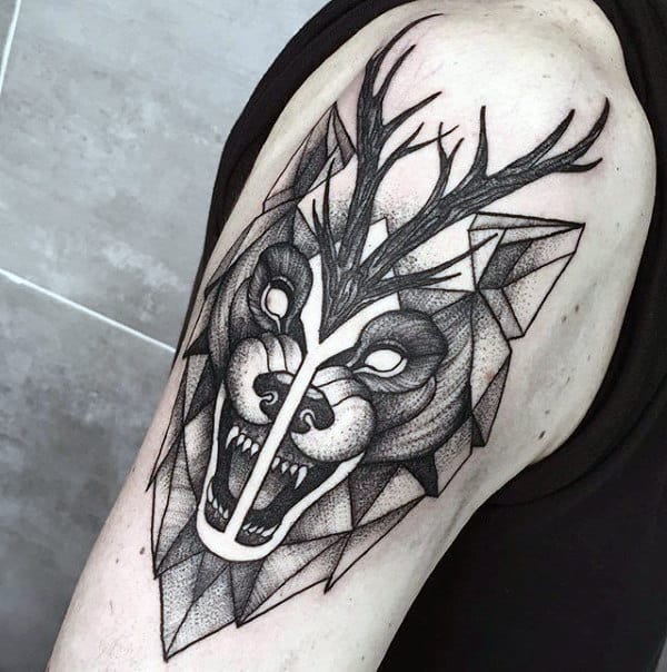 Upper Arm Growling Geometric Wolf Mens Tattoos