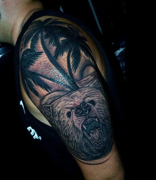 Upper Arm Guys Angry Bear Palm Tree Tattoos