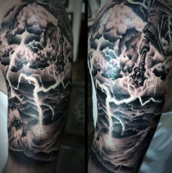 Upper Arm Guys Clouds With Lightning Tattoos