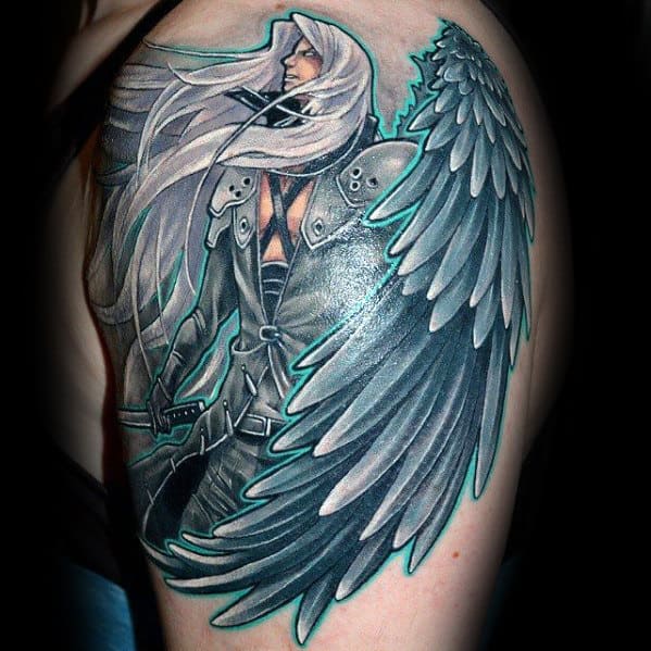 upper arm black and grey final fantasy tattoo on guy