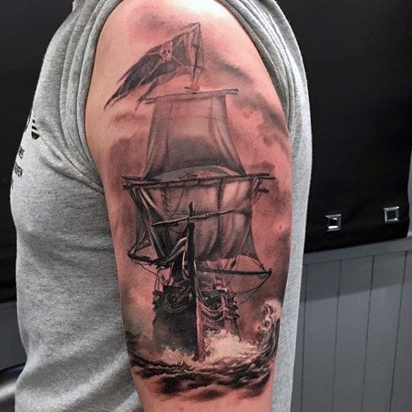 Upper Arm Guys Nautical Realistic Pirate Ship Tattoo Deisgn