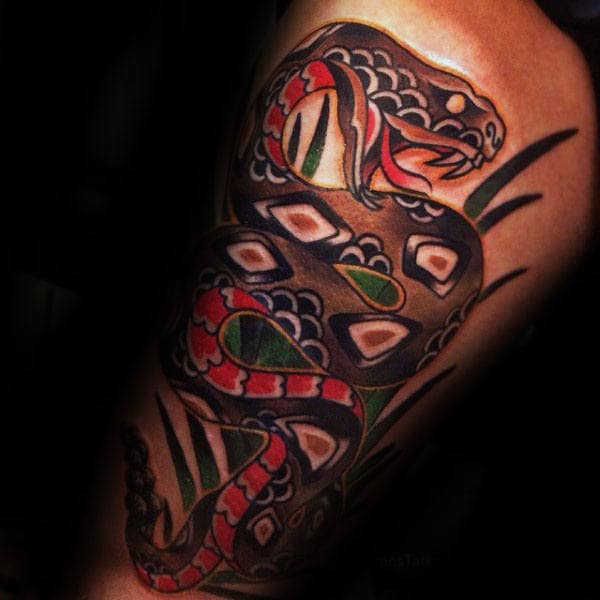 Upper Arm Guys Old School Rattlesnake Tattoo Design Ideas