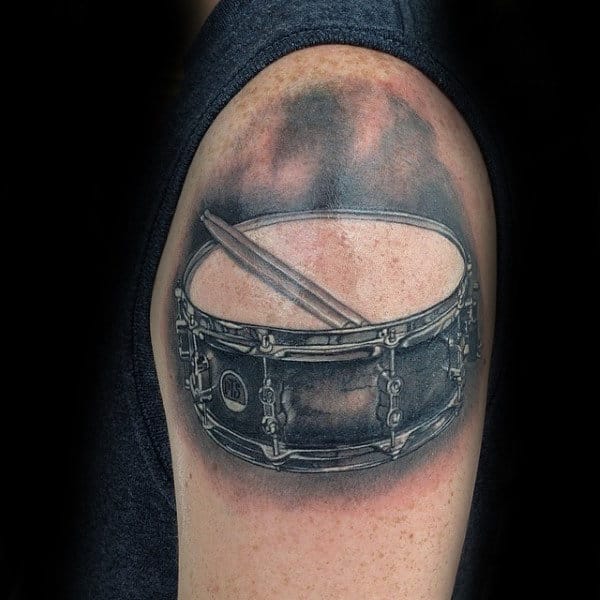 Upper Arm Guys Snare Drum Tattoo Design Inspiration