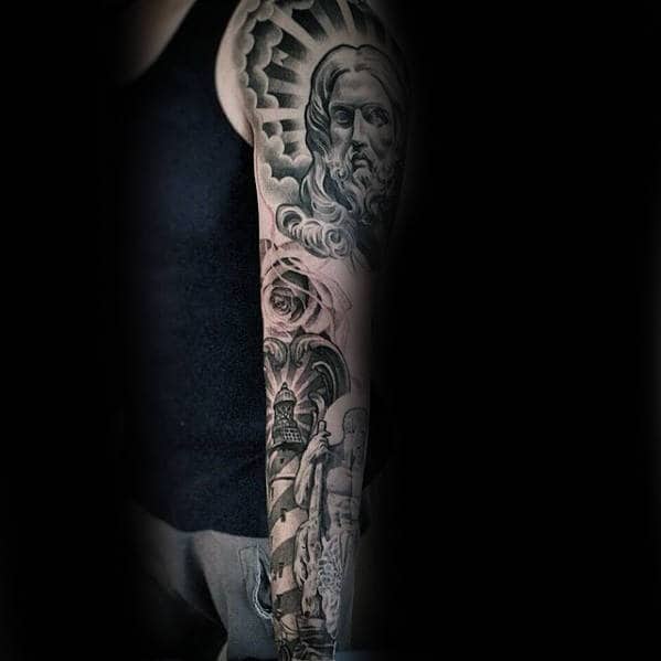 Upper Arm Guys Sun Ray Jesus Portrait Tattoo Design Ideas