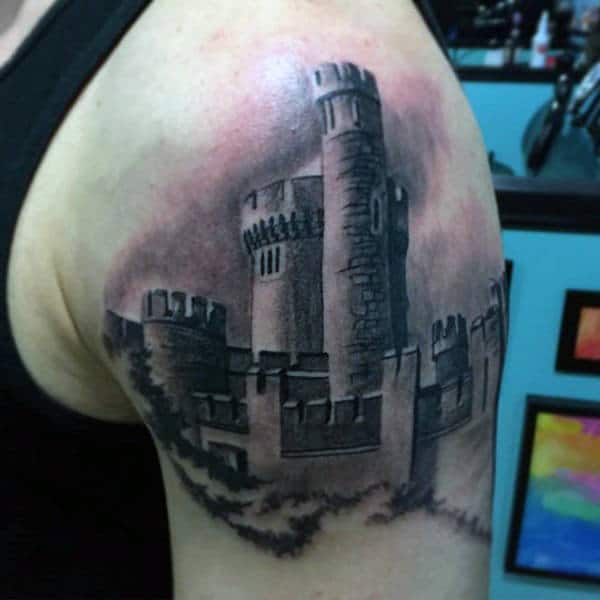Upper Arm Guys Tattoos With Scottish Castle Design