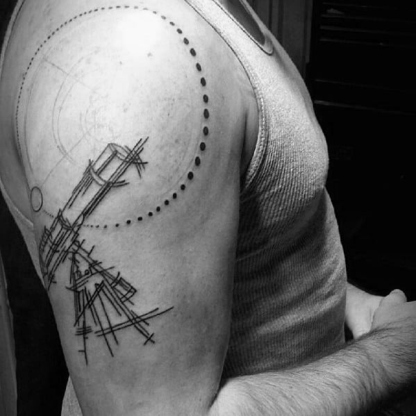 Black ink arm tattoo featuring a telescope and intricate orbit design