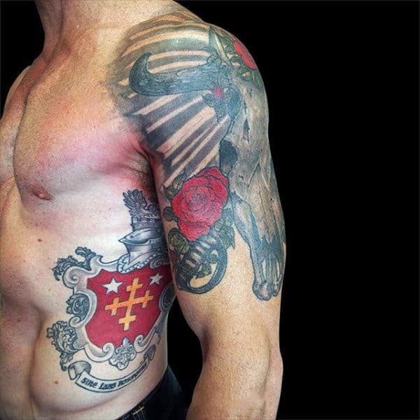Upper Arm Half Sleeve Bull Skull With Red Rose Guys Tattoos