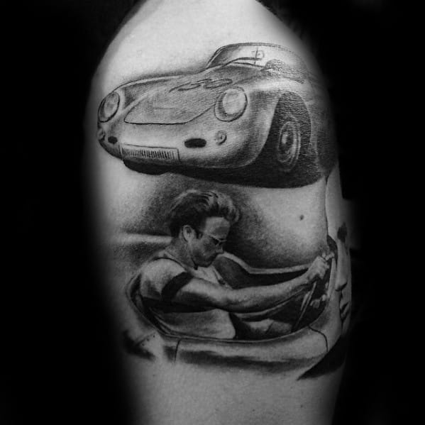 Black and grey tattoo of James Dean driving his Porsche 550 Spyder, with a detailed view of the car above for a dynamic tribute design.