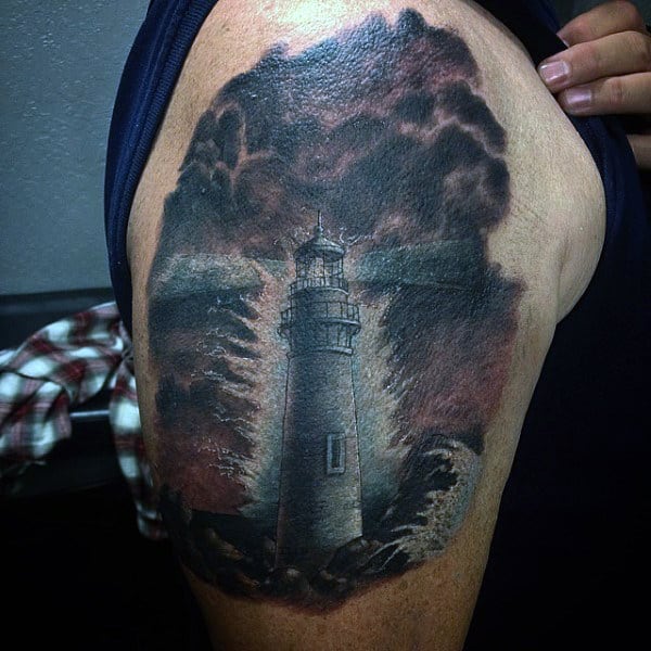 Upper Arm Lighthouse Tattoos Of Clouds For Men