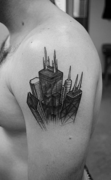 Upper Arm Linework Mens Chicago Skyline Tattoo Design Inspiration