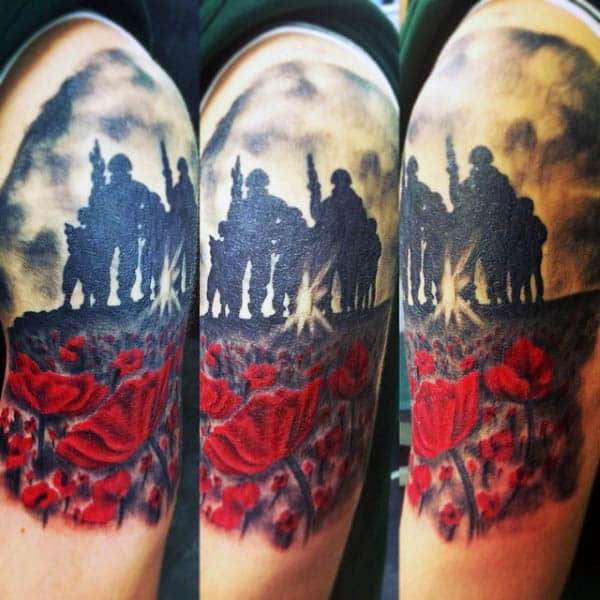 Upper Arm Male Poppy Field With War Soliders Tattoos