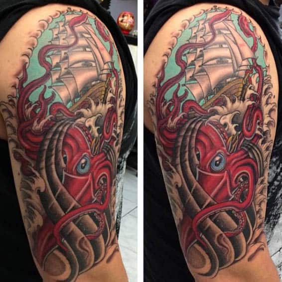 Upper Arm Male Red Squid Tattoo With Sailing Ocean Ship