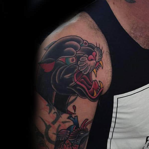 Upper Arm Male Tattoo Of Traditional Panther