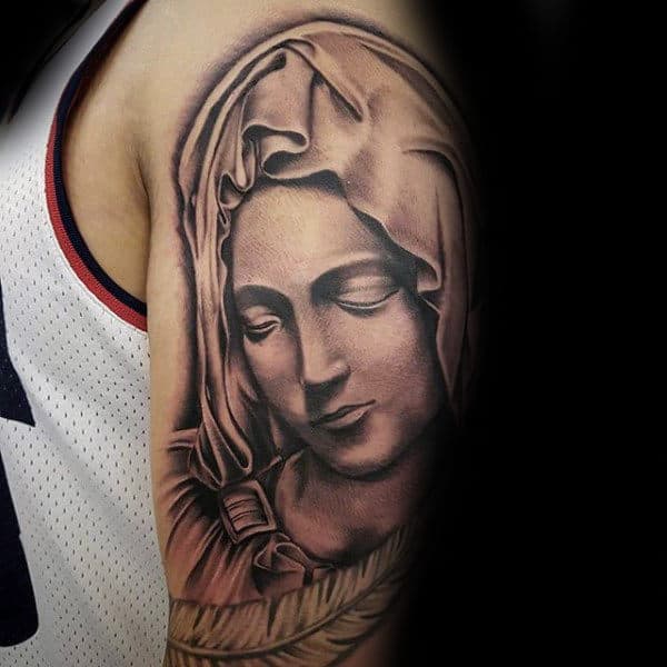 Upper Arm Male Tattoo Of Virgin Mary Portrait
