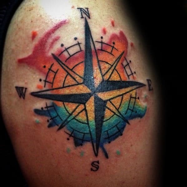 Upper Arm Male Watercolor Compass Tattoos