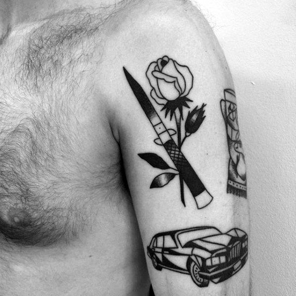 Upper Arm Manly Switchblade Rose Flower Tattoo Design Ideas For Men