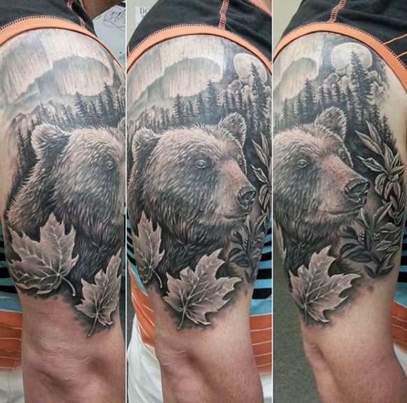 Upper Arm Maple Leaf Guys Bear Tattoo Designs With Shaded Black And Grey Ink