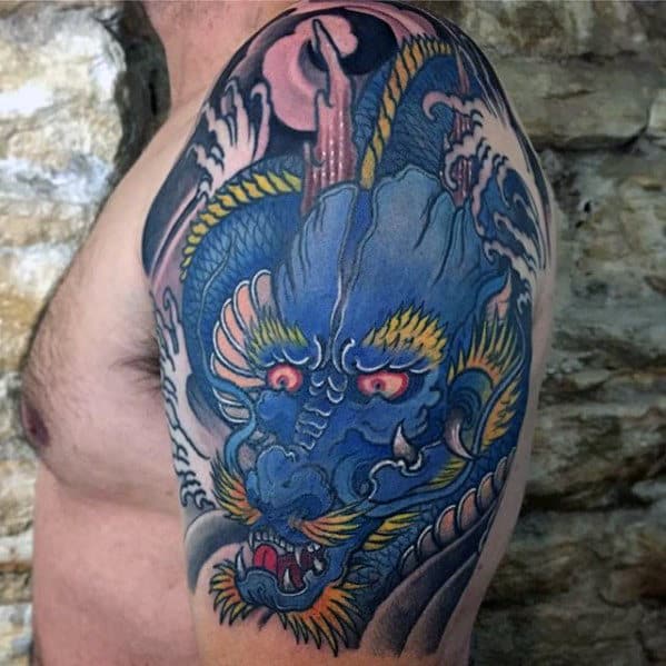 Upper Arm Mens Blue Dragon Tattoo Designs