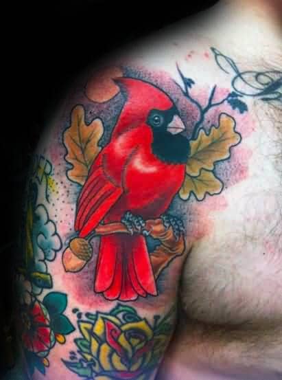 Upper Arm Mens Cardinal Bird Bright Red Ink Tattoo Design Ideas