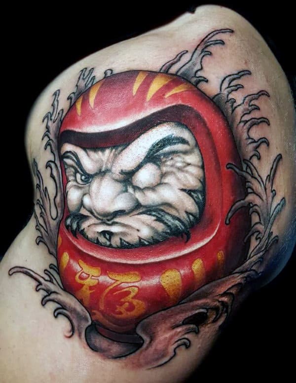 Upper Arm Mens Daruma Doll Tattoo Inspiration