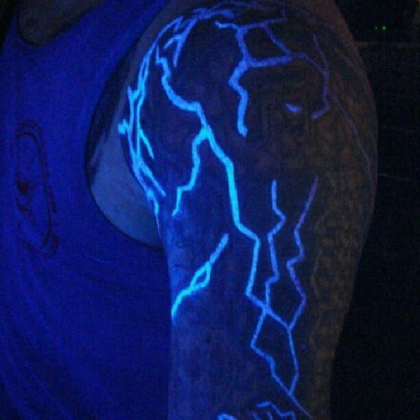 Upper Arm Mens Glow In The Dark Thunder Tattoo Under Black Light