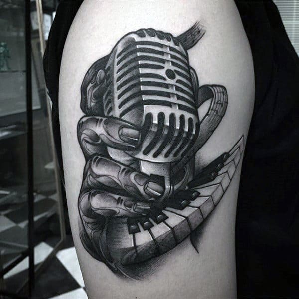 Upper Arm Mens Hands Clutching Microphone Tattoos