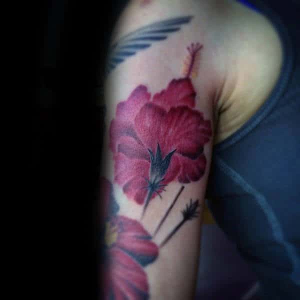 Upper Arm Mens Hibiscus Flower Red Ink Tattoos