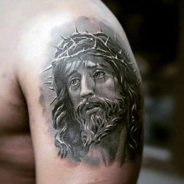 Upper Arm Mens Jesus Face Tattoo Design