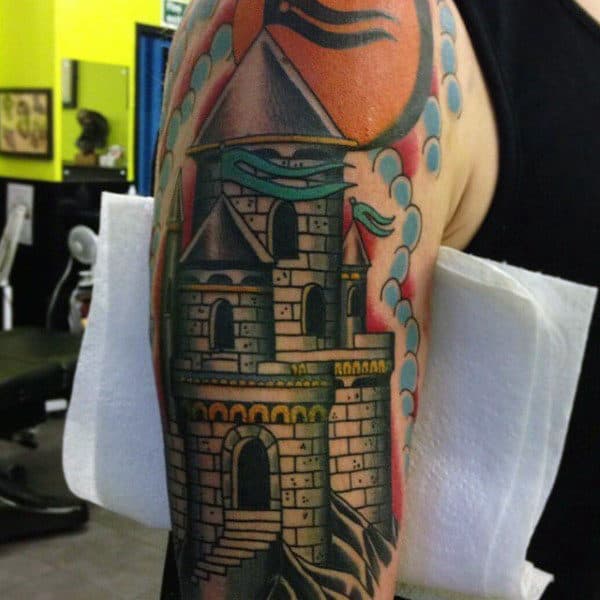 Upper Arm Mens Middle Ages Castle Tattoos